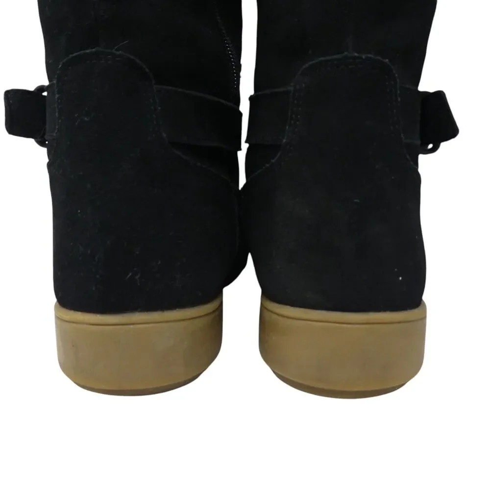 Lands End Black Suede Faux Fur Lined Wedge Heel Tall Winter Boots Womens 10